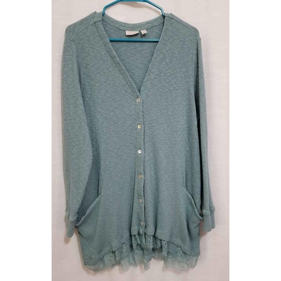 LOGO by Lori Goldstein Sweaters - LOGO By Lori Goldstein 1x Seafoam Green Ribbed Cardigan Sweater With Lace Trim